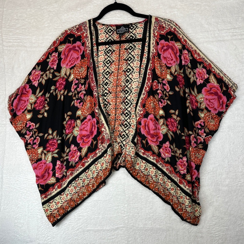 Angie Floral Kimono Wrap Womens M Black Pink Orange Rayon Boho Draped Layer